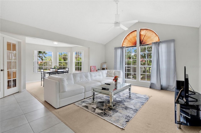 900 Northern Dancer Way Unit 204, Casselberry, FL 32707 - tiled living room featuring carpet floors, high vaulted ceiling, and ceiling fan