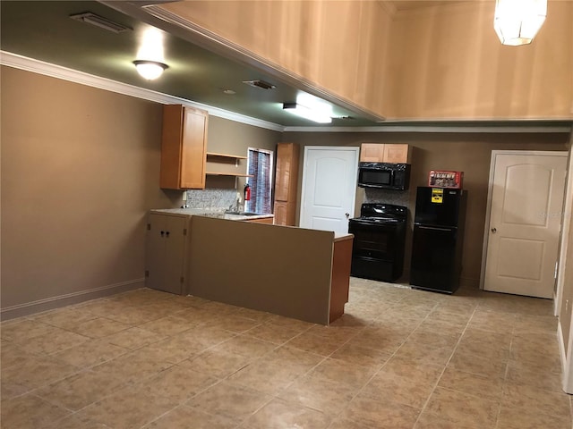 1910 NW 13th Pl, Ocala, FL 34475 - kitchen featuring black appliances, ornamental molding, open shelves, a peninsula, and decorative backsplash