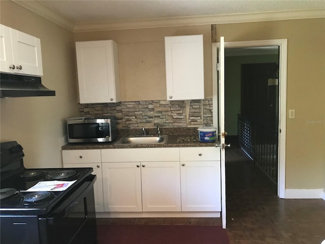 1910 NW 13th Pl, Ocala, FL 34475 - kitchen featuring under cabinet range hood, stainless steel microwave, tasteful backsplash, white cabinetry, and crown molding
