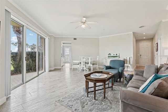 4650 Links Village Dr Unit B103, Ponce Inlet, FL 32127 - living area with ceiling fan, light wood-type flooring, crown molding, and recessed lighting