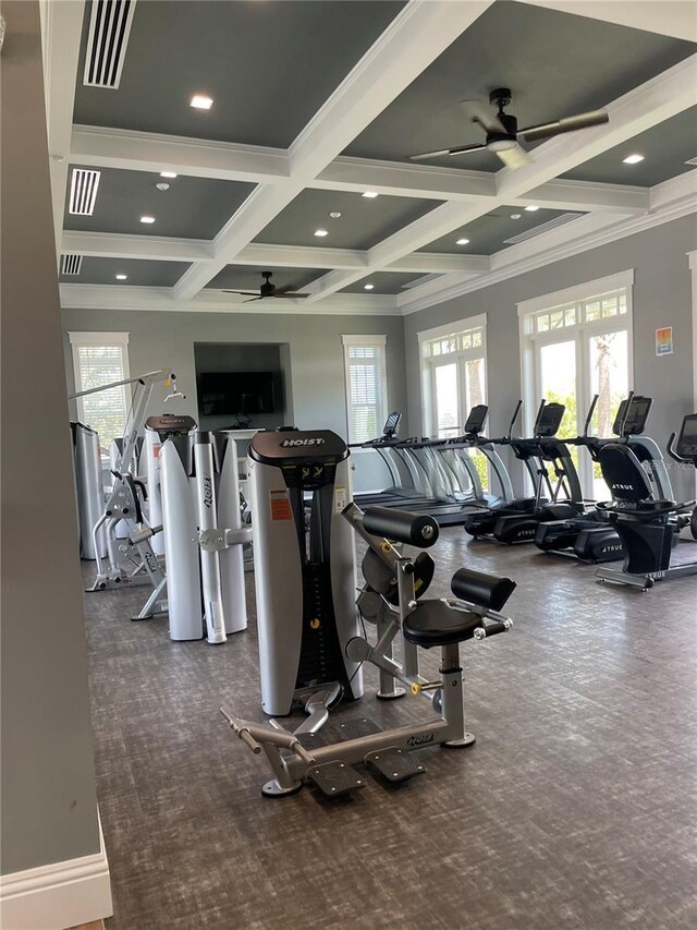 3240 Canna Lily Pl, Clermont, FL 34711 - gym featuring ceiling fan, coffered ceiling, beamed ceiling, carpet floors, and recessed lighting