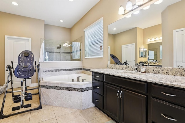 9207 Busaco Park Way, Winter Garden, FL 34787 - full bathroom with a garden tub, tile patterned floors, vanity, walk in shower, and recessed lighting