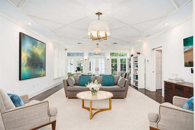 1011 Lake Davis Dr, Orlando, FL 32806 - living room with french doors, wood finished floors, recessed lighting, coffered ceiling, and ornamental molding