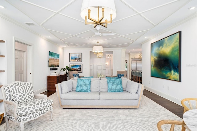 1011 Lake Davis Dr, Orlando, FL 32806 - living area with a chandelier, recessed lighting, crown molding, wood finished floors, and coffered ceiling