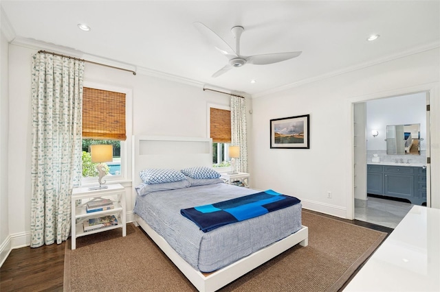 1011 Lake Davis Dr, Orlando, FL 32806 - bedroom featuring ornamental molding, multiple windows, recessed lighting, connected bathroom, and ceiling fan