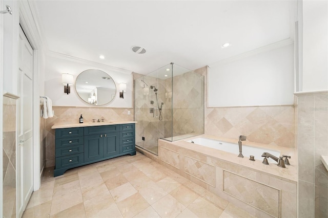 1011 Lake Davis Dr, Orlando, FL 32806 - bathroom with tile walls, a garden tub, vanity, ornamental molding, and a shower stall