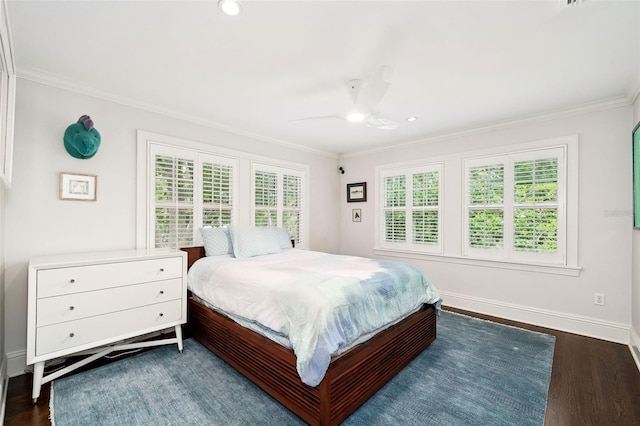 1011 Lake Davis Dr, Orlando, FL 32806 - bedroom with ornamental molding, dark wood-style flooring, ceiling fan, and recessed lighting