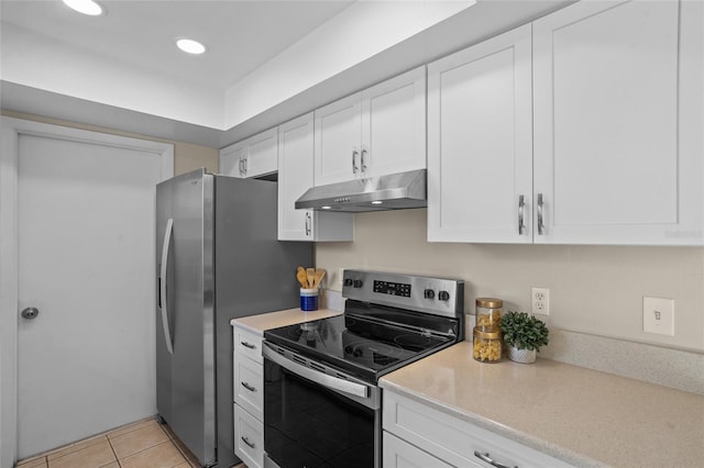 110 Rabun Ct, Sanford, FL 32773 - kitchen featuring stainless steel appliances, under cabinet range hood, light countertops, white cabinets, and recessed lighting