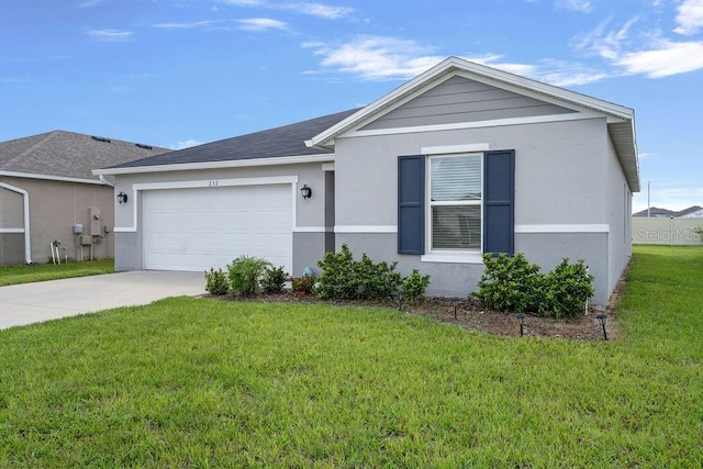 232 Summerlin Loop, Haines City, FL 33844 - ranch-style home with driveway, an attached garage, stucco siding, a front yard, and a shingled roof