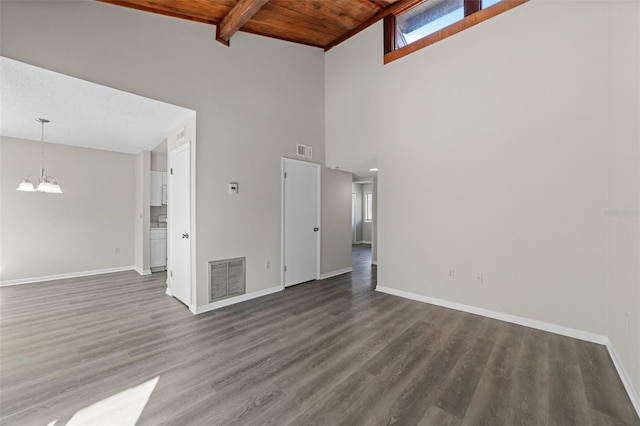 6120 Peregrine Ave Unit A08-2, Orlando, FL 32819 - empty room with a chandelier, a wood ceiling with exposed beams, wood finished floors, and high vaulted ceiling