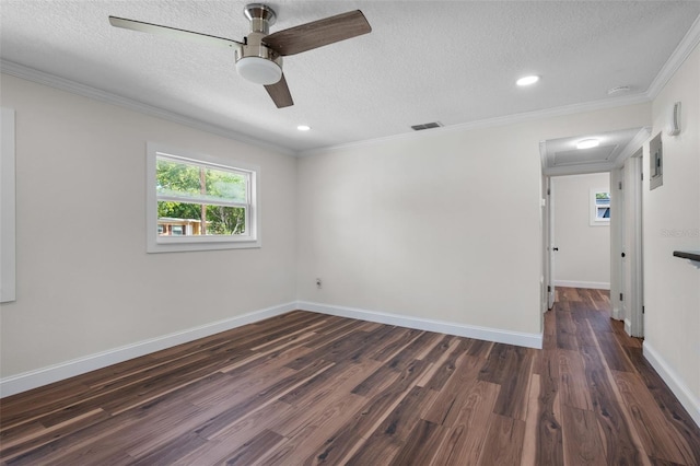 709 Suzette Dr, Ocoee, FL 34761 - unfurnished room featuring dark wood-style flooring, a textured ceiling, ceiling fan, recessed lighting, and crown molding