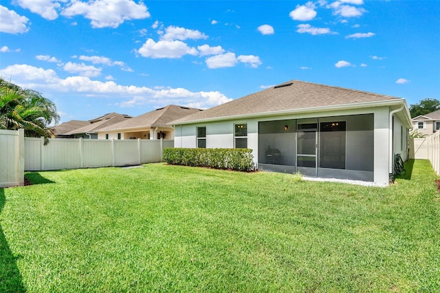 1061 Castlevecchio Loop, Orlando, FL 32825 - back of property with a fenced backyard, a sunroom, stucco siding, and roof with shingles