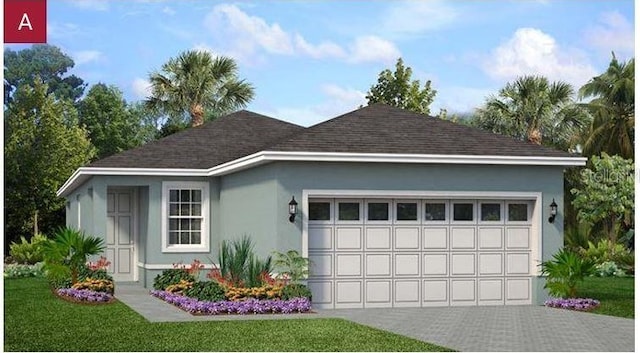 1194 Atlantic Ave, Fruitland Park, FL 34731 - view of front of home with an attached garage, driveway, stucco siding, and a shingled roof