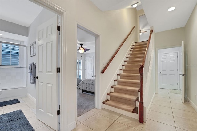 3316 Regal Crest Dr, Longwood, FL 32779 - stairs with ceiling fan, tile patterned flooring, and recessed lighting