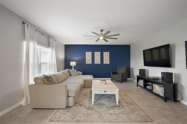 1292 Cavender Creek Rd, Minneola, FL 34715 - tiled living area with ceiling fan and an accent wall