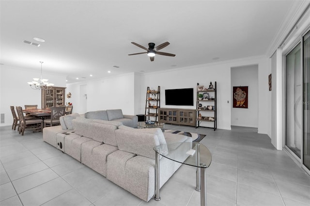 1593 Osprey View Dr, Apopka, FL 32703 - living area featuring light tile patterned floors, a chandelier, crown molding, ceiling fan, and recessed lighting