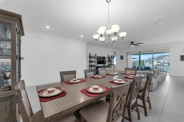 1593 Osprey View Dr, Apopka, FL 32703 - dining area with a chandelier, light tile patterned flooring, a ceiling fan, recessed lighting, and crown molding