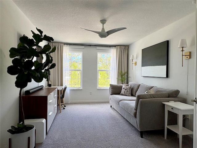 4171 Via Sienna Cir, Sarasota, FL 34243 - living room with a textured ceiling, a ceiling fan, and carpet flooring
