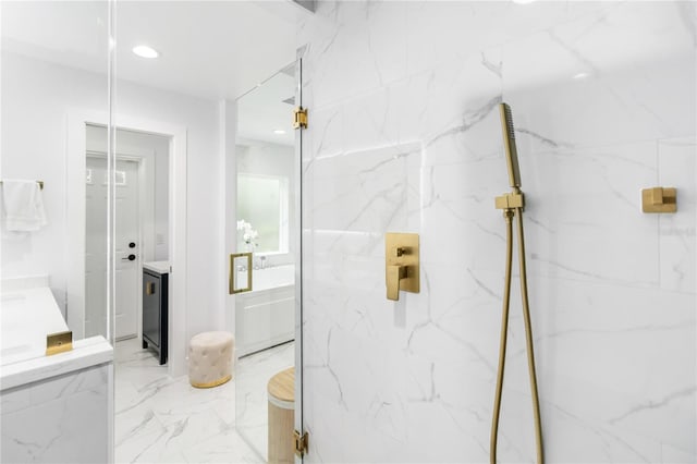 205 Stevenage Dr, Longwood, FL 32779 - full bath featuring vanity, marble finish floors, a marble finish shower, and recessed lighting