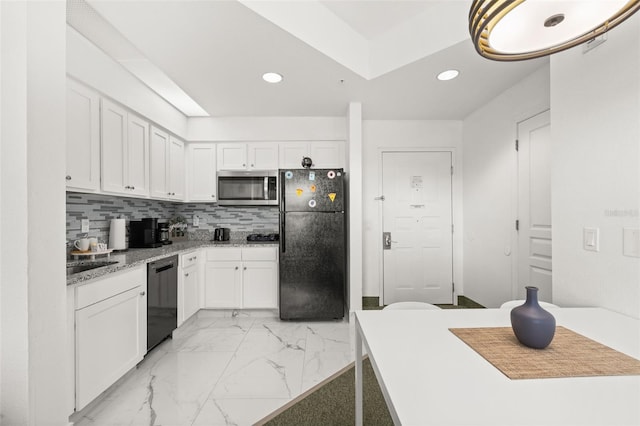 8303 Palm Pkwy Unit 402, Orlando, FL 32836 - kitchen featuring freestanding refrigerator, stainless steel microwave, dishwasher, recessed lighting, and light marble finish floors