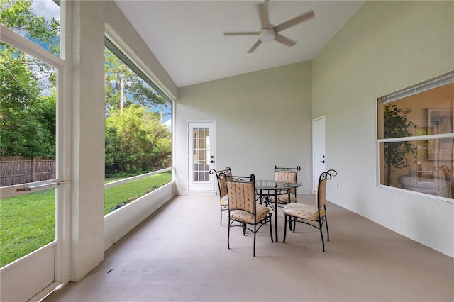 2024 Flaming Arrow Ct, Fern Park, FL 32730 - sunroom featuring lofted ceiling, a ceiling fan, and outdoor dining space