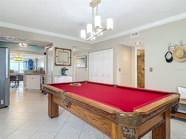 2055 S Atlantic Ave Unit 1410, Daytona Beach Shores, FL 32118 - game room with a chandelier, crown molding, billiards, and light tile patterned floors