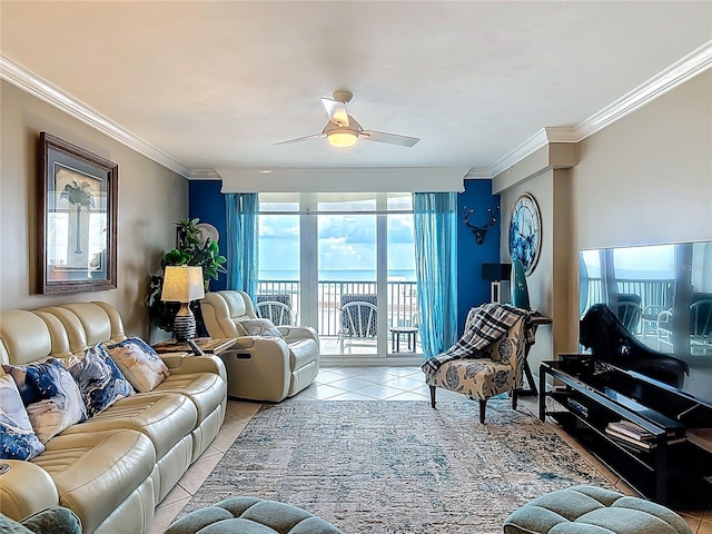2055 S Atlantic Ave Unit 1410, Daytona Beach Shores, FL 32118 - living area featuring ornamental molding, light tile patterned flooring, and ceiling fan