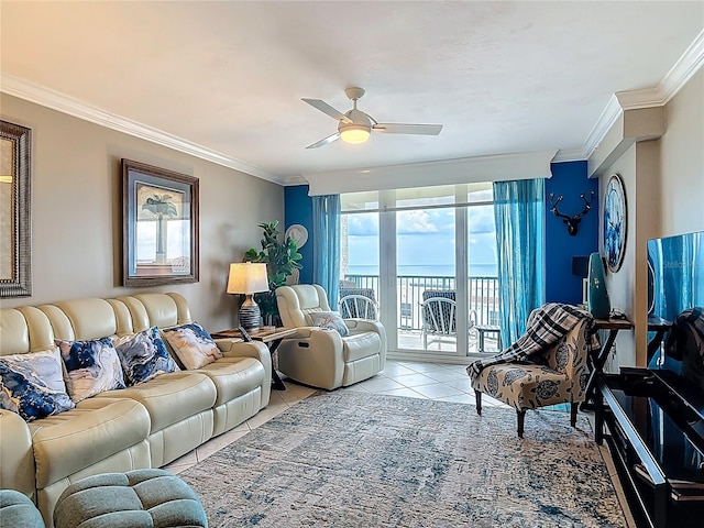 2055 S Atlantic Ave Unit 1410, Daytona Beach Shores, FL 32118 - living room featuring light tile patterned floors, a ceiling fan, ornamental molding, and a water view