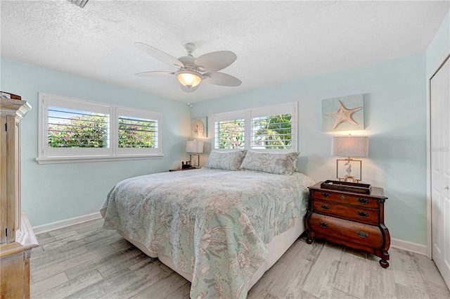 231 Ocean Blvd, Satellite Beach, FL 32937 - bedroom with wood finished floors, a textured ceiling, a ceiling fan, and a closet