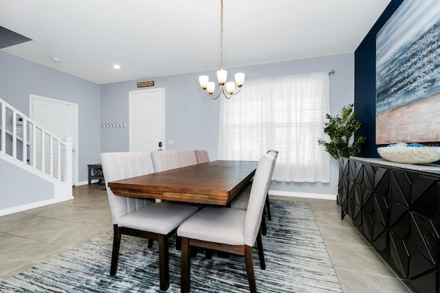 609 Big Pine Ave, Minneola, FL 34715 - dining space with light tile patterned flooring, stairway, a chandelier, and recessed lighting