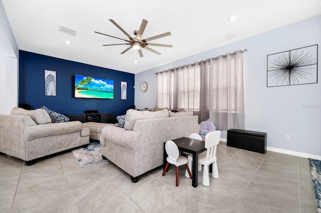 609 Big Pine Ave, Minneola, FL 34715 - living room featuring a ceiling fan and an accent wall