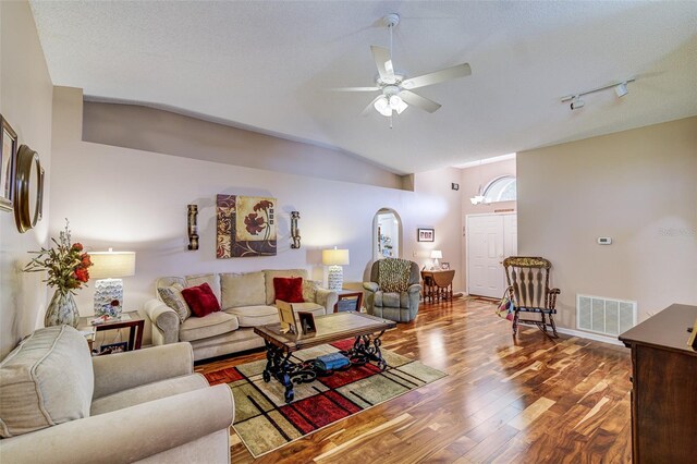 2031 Wekiva Reserve Blvd, Apopka, FL 32703 - living room with lofted ceiling, wood finished floors, ceiling fan, and rail lighting