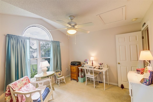 2031 Wekiva Reserve Blvd, Apopka, FL 32703 - office area featuring light colored carpet, a ceiling fan, lofted ceiling, and attic access
