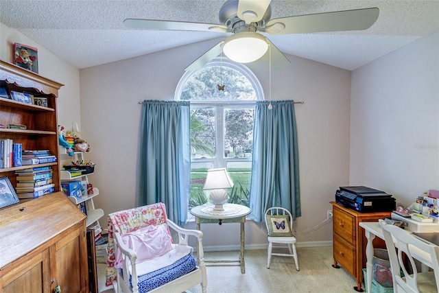 2031 Wekiva Reserve Blvd, Apopka, FL 32703 - office space with light carpet, ceiling fan, vaulted ceiling, and a textured ceiling