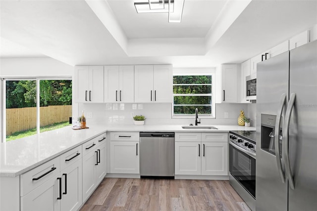 608 Pearl Rd, Winter Springs, FL 32708 - kitchen featuring stainless steel appliances, a raised ceiling, a peninsula, and white cabinets
