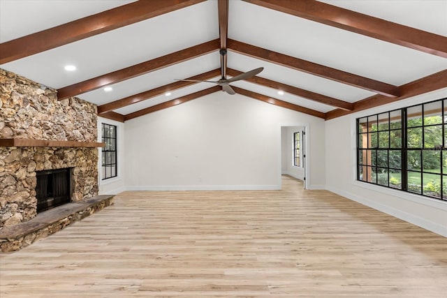 643 Princewood Dr, Deland, FL 32724 - unfurnished living room with light wood-style flooring, ceiling fan, a fireplace, and recessed lighting