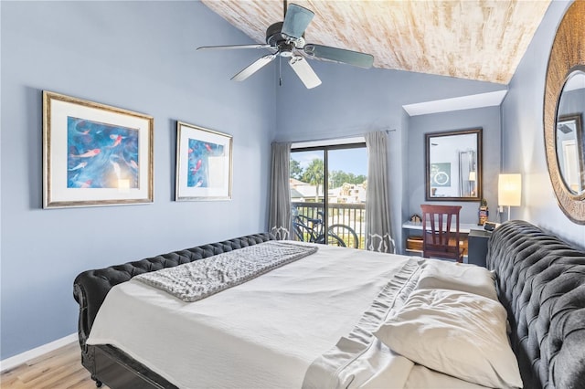 1051 S Highland St Unit 7D, Mount Dora, FL 32757 - bedroom with access to exterior, vaulted ceiling, wood finished floors, and a ceiling fan