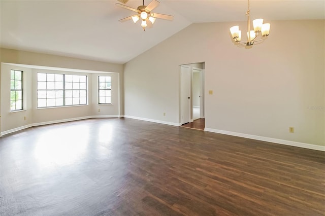10448 SW 74th Ct, Ocala, FL 34476 - empty room featuring a chandelier, ceiling fan, dark wood-type flooring, and high vaulted ceiling