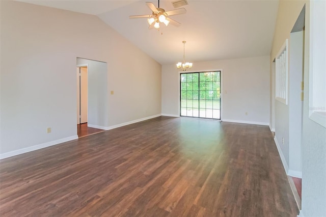 10448 SW 74th Ct, Ocala, FL 34476 - empty room with a chandelier, a ceiling fan, vaulted ceiling, and dark wood-type flooring