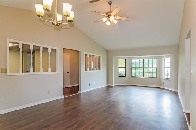 10448 SW 74th Ct, Ocala, FL 34476 - unfurnished room featuring ceiling fan, a chandelier, high vaulted ceiling, and dark wood finished floors