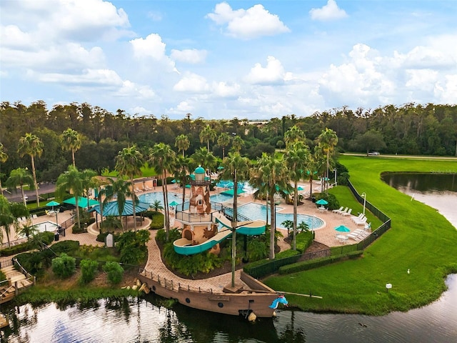 5819 Covington Cove Way, Orlando, FL 32829 - view of property's community with a pool, a water view, a yard, and a patio