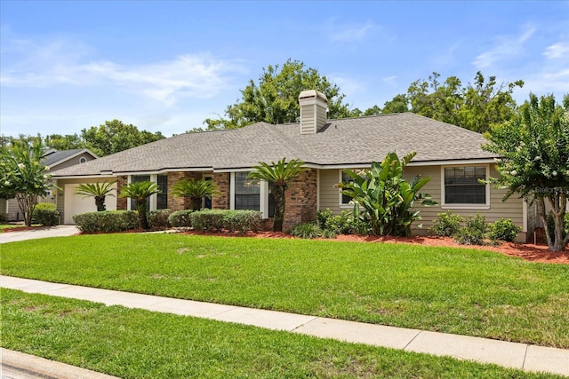 548 Timber Ridge Dr, Longwood, FL 32779 - ranch-style home with a front yard, a garage, concrete driveway, a chimney, and brick siding