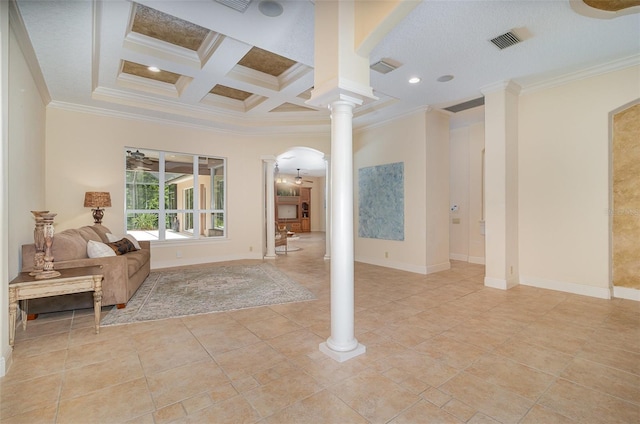 336 Highcroft Ct, Lake Mary, FL 32746 - living area with ornate columns, ornamental molding, coffered ceiling, beamed ceiling, and arched walkways