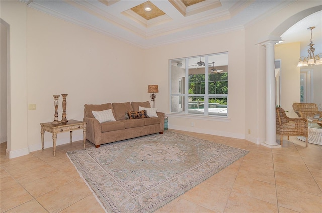 336 Highcroft Ct, Lake Mary, FL 32746 - living room with decorative columns, ornamental molding, arched walkways, coffered ceiling, and beamed ceiling