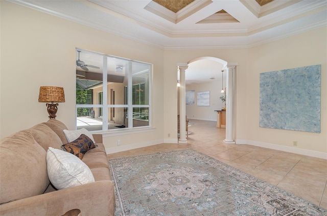 336 Highcroft Ct, Lake Mary, FL 32746 - tiled living room with ornate columns, arched walkways, crown molding, coffered ceiling, and beamed ceiling