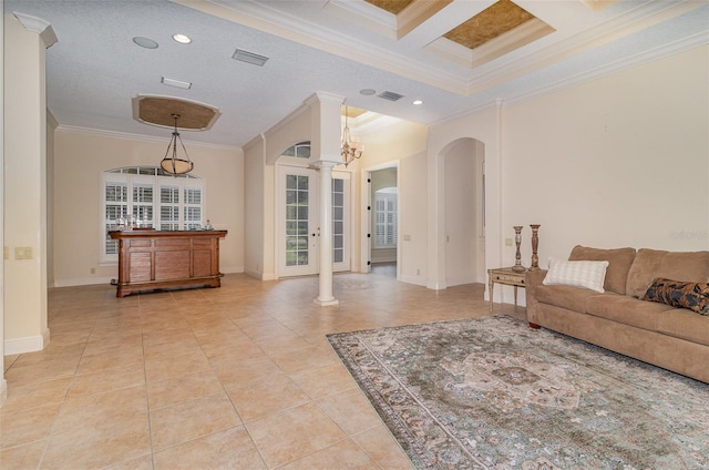 336 Highcroft Ct, Lake Mary, FL 32746 - living area featuring arched walkways, decorative columns, ornamental molding, light tile patterned floors, and recessed lighting
