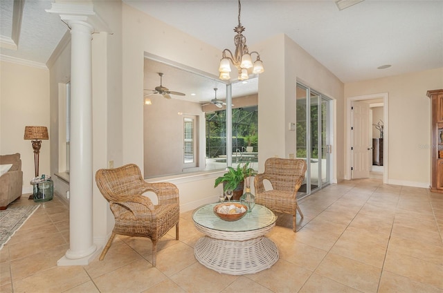 336 Highcroft Ct, Lake Mary, FL 32746 - living area with ceiling fan, light tile patterned flooring, ornate columns, and ornamental molding
