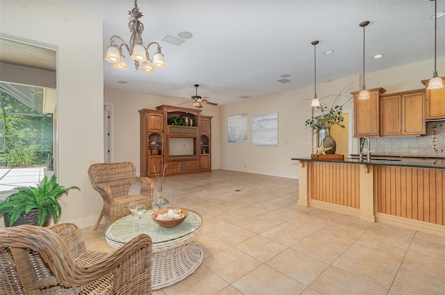 336 Highcroft Ct, Lake Mary, FL 32746 - kitchen with a ceiling fan, dark countertops, tasteful backsplash, pendant lighting, and recessed lighting