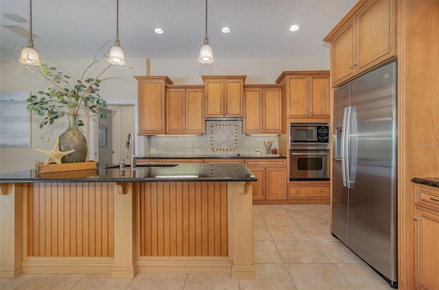 336 Highcroft Ct, Lake Mary, FL 32746 - kitchen with built in appliances, backsplash, brown cabinets, hanging light fixtures, and recessed lighting