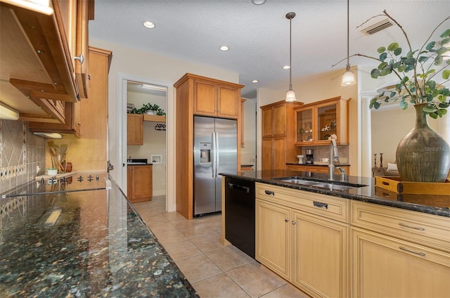 336 Highcroft Ct, Lake Mary, FL 32746 - kitchen featuring black appliances, hanging light fixtures, tasteful backsplash, dark stone countertops, and recessed lighting